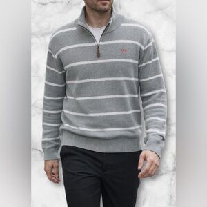 Vintage Polo Ralph Lauren Gray White Stripe 1/4 Zip Sweater Flag Logo Size XXL